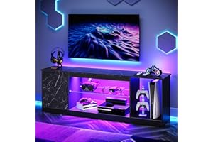 Bestier LED TV Stand for 55/60/65 Inch TV, Gaming Entertainment Center with Cabinet for PS5, Xbox,Modern TV Cabinet with Adjustable Glass Shelves for Living Room, Bedroom 57 Inch,Black Marble