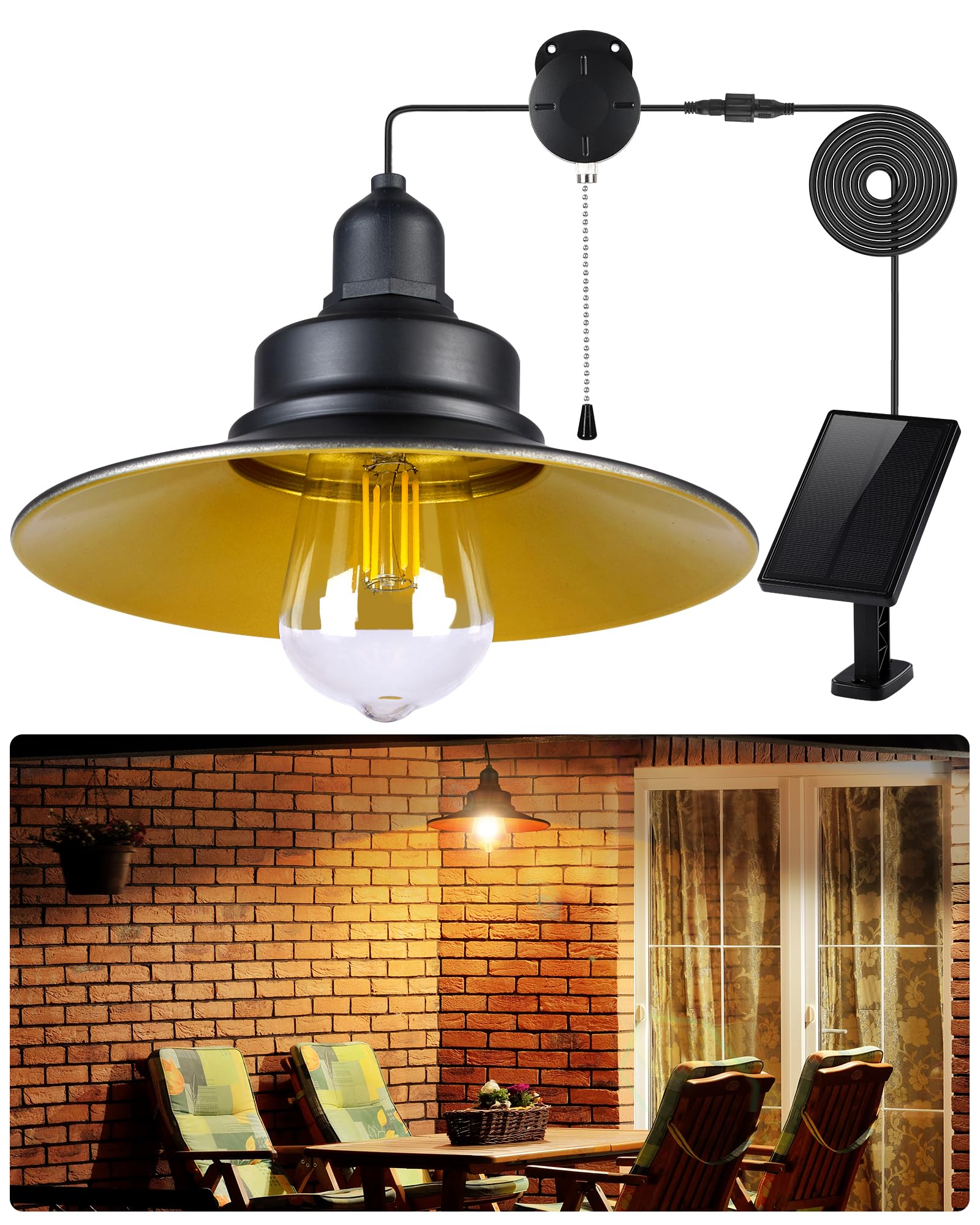 FabStyl Solar Shed Light Pull Cord Switch Indoor Outdoor with E27 Bulb, Dual Brightness Gazebo Lights IP65 Waterproof Solar Chandelier/Pendant Lights for Garden Garage Chicken Coop Barn