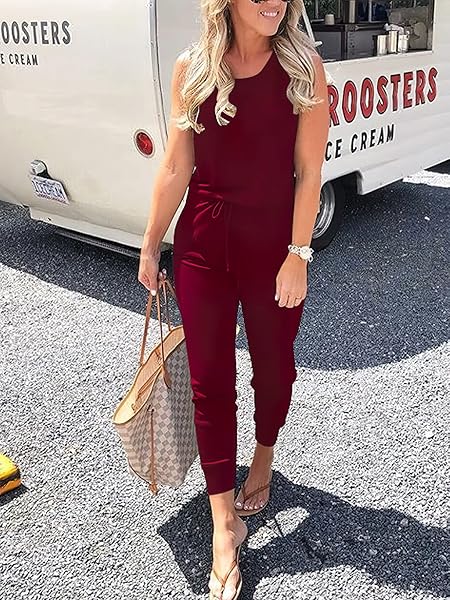 CARACILIA WOMEN’S TANK JUMPSUIT SUMMER CASUAL SLEEVELESS BEAM FOOT ELASITIC WAIST ROMPERS JUMPSUITS WITH POCKETS WINE RED X-LARGE