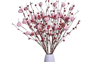 J'FLORU Valentine’s Day Gifts,6 Pack Valentine’s Day Picks Berry Stems with Pink Hearts for Valentine’s Day Decor Anniversary Wedding Decorations (Red/Pink)