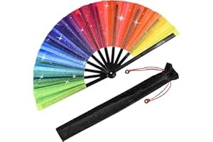 Jeyeou Rainbow Rave Hand Fan Pride Glitter Holographic Large Handheld Folding Fan Festival Clack Foldable Silk Hand Fan with Fabric Case for Dance, Performance, Wedding, Party Decoration, Gift