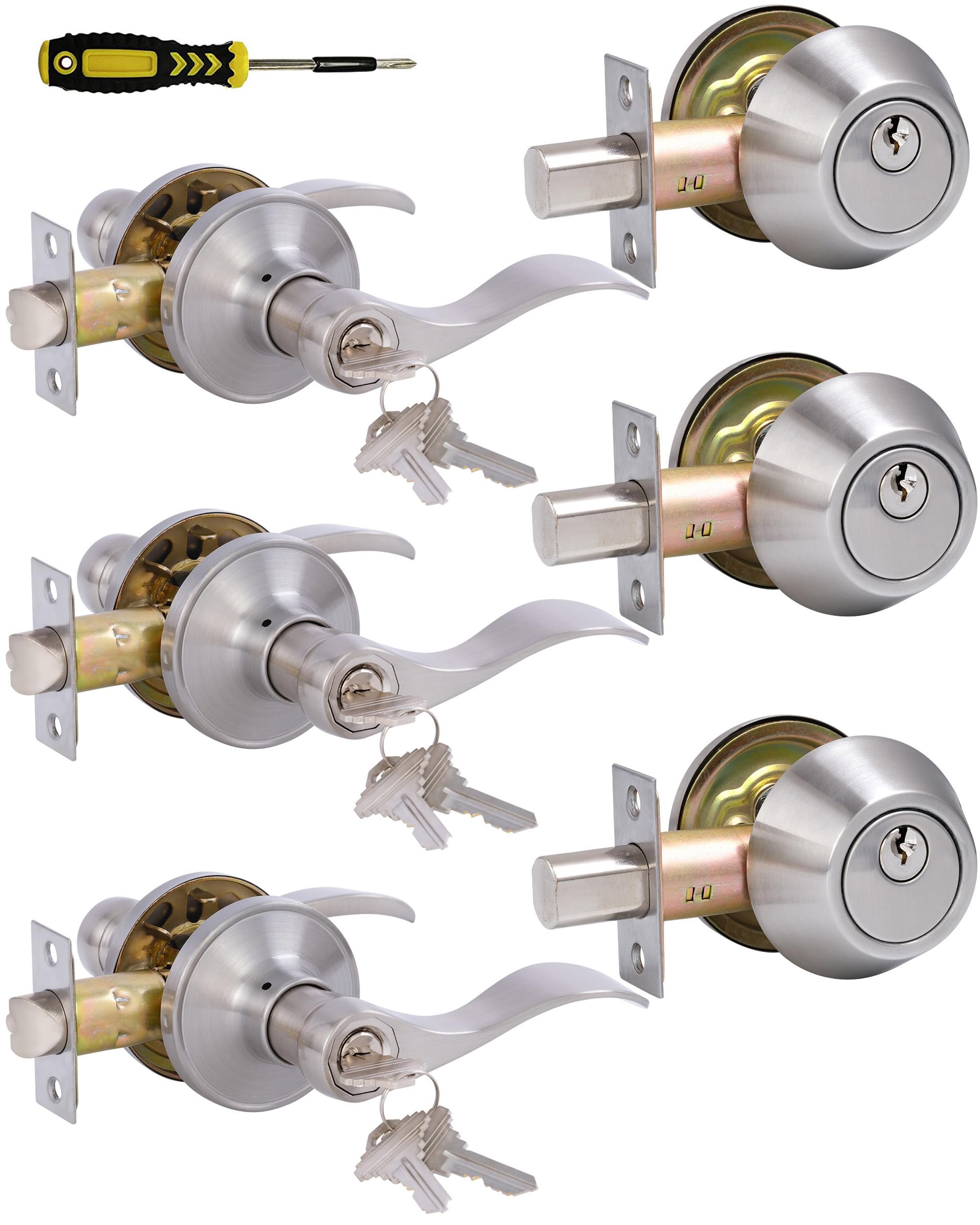 Photo 1 of (3 Pack) Entry Levers Wave Style with Deadbolt Set, Exterior/Interior Matte Balck Keyed Door Handles with Lock,Interior Door Locksets for Bath/Bedroom