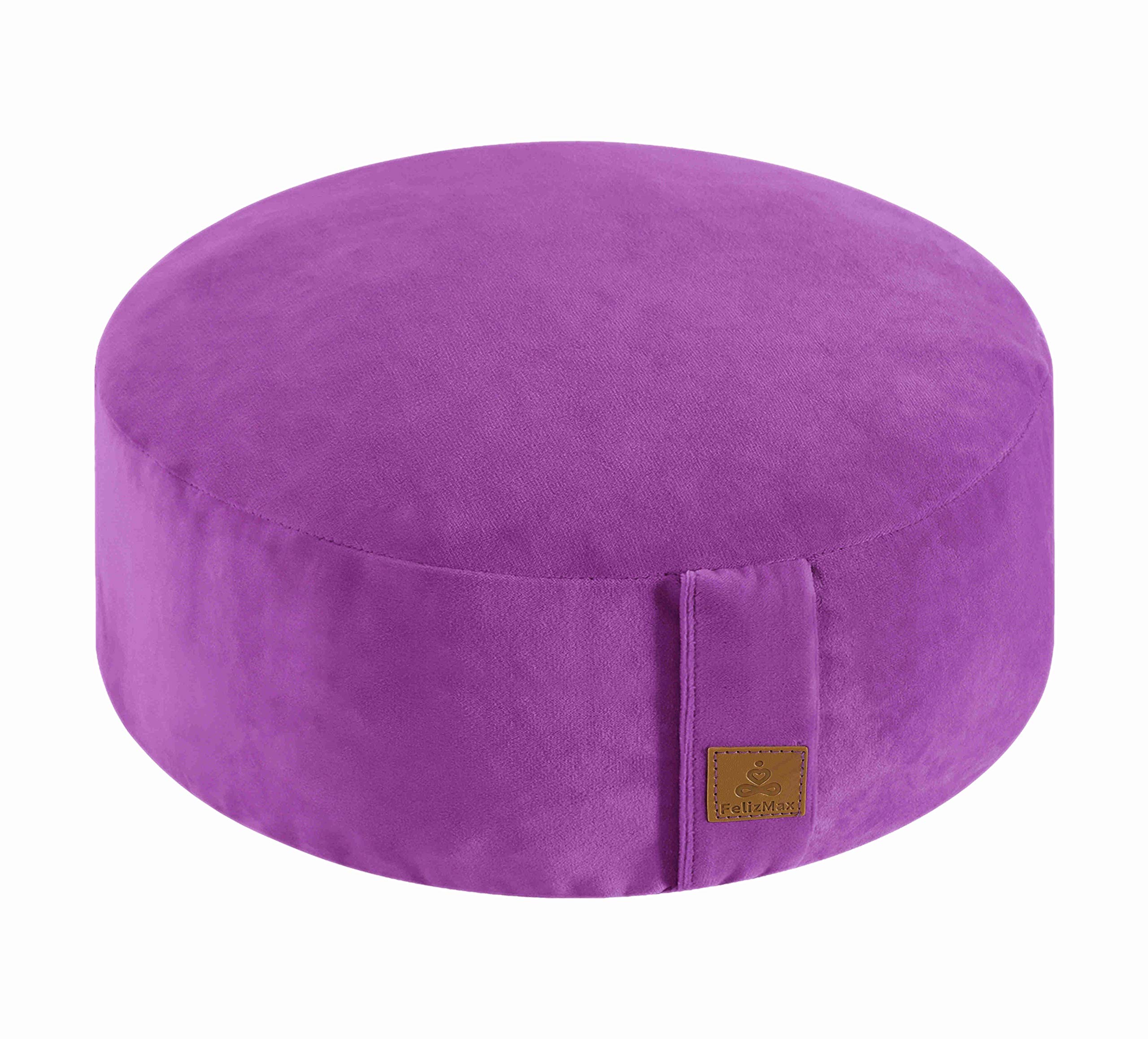 Embroidered Meditation Pillow D=16" H=5.5" Round Velvet Meditation Cushion Yoga Bolster Floor Pouf Zafu Natural Buckwheat hulls Sitting on Floor Removable Organic Cotton Cover Large Kneeling Pillow