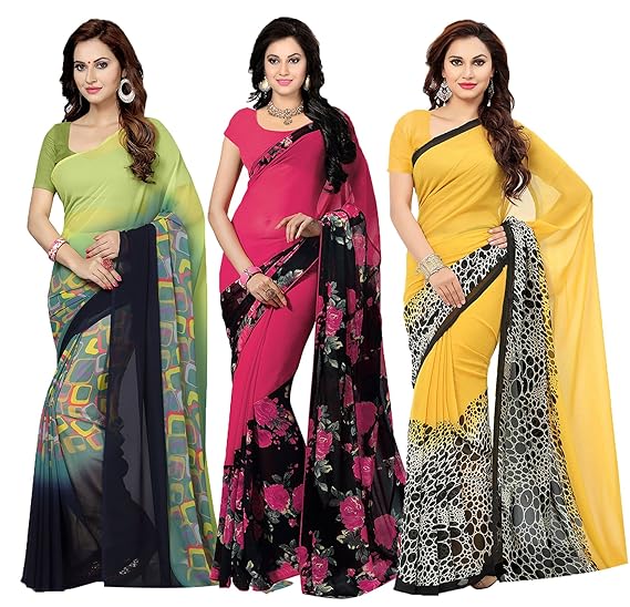 Combo of 3 Poly Georgette Multicolor Printed Women Saree with Blouse Piece