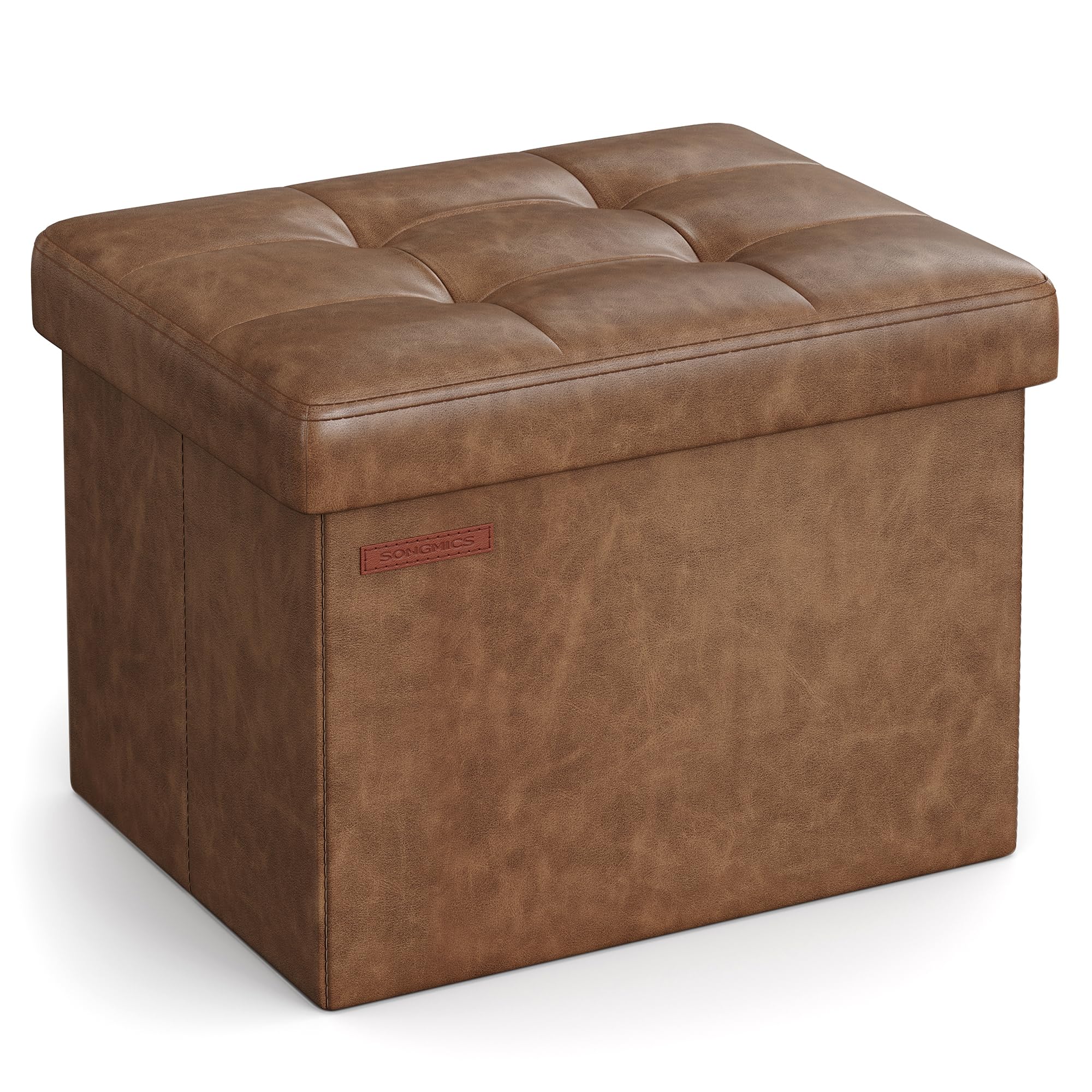 Photo 1 of SONGMICS Small Folding Storage Ottoman, Foot Rest Stool, Cube Footrest, Synthetic Leather, 12.2 x 16.1 x 12.2 Inches, 286 lb Capacity, for Living Room, Bedroom, Dorm, Coffee Brown ULSF100K01