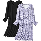 Ekouaer Cotton Nightgowns for Women 2 Pack Night Gown Long Sleeve Sleepshirts V Neck Night Shirt Soft Sleepwear