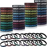 QEERBSIN 60 Pcs Jesus Loves You Rubber Bracelets Colorful Silicone Wristbands Jesus Loves You Silicone Bracelet Church Gifts Rubber Wristbands for kids Men Women Party Favors