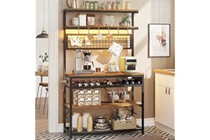 Itaar Bakers Rack with Power Outlet, 6-Tier Coffee Bar, Microwave Stand with Wine Rack, LED Lights and 10 Hooks, Bakers Racks for Kitchens with Storage, Rustic Brown