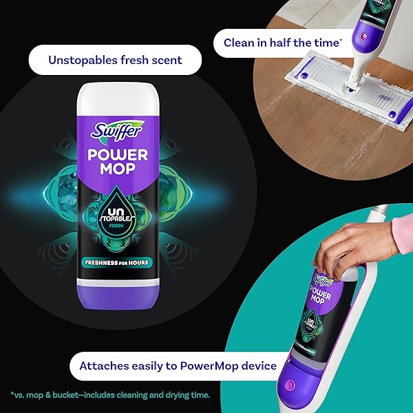 SWIFFER POWERMOP FLOOR CLEANING SOLUTION WITH UNSTOPABLES FRESH SCENT, POWERMOP REFILLS, FLOOR CLEANER FOR MOPPING, 25.3 FL OZ, 2 PACK