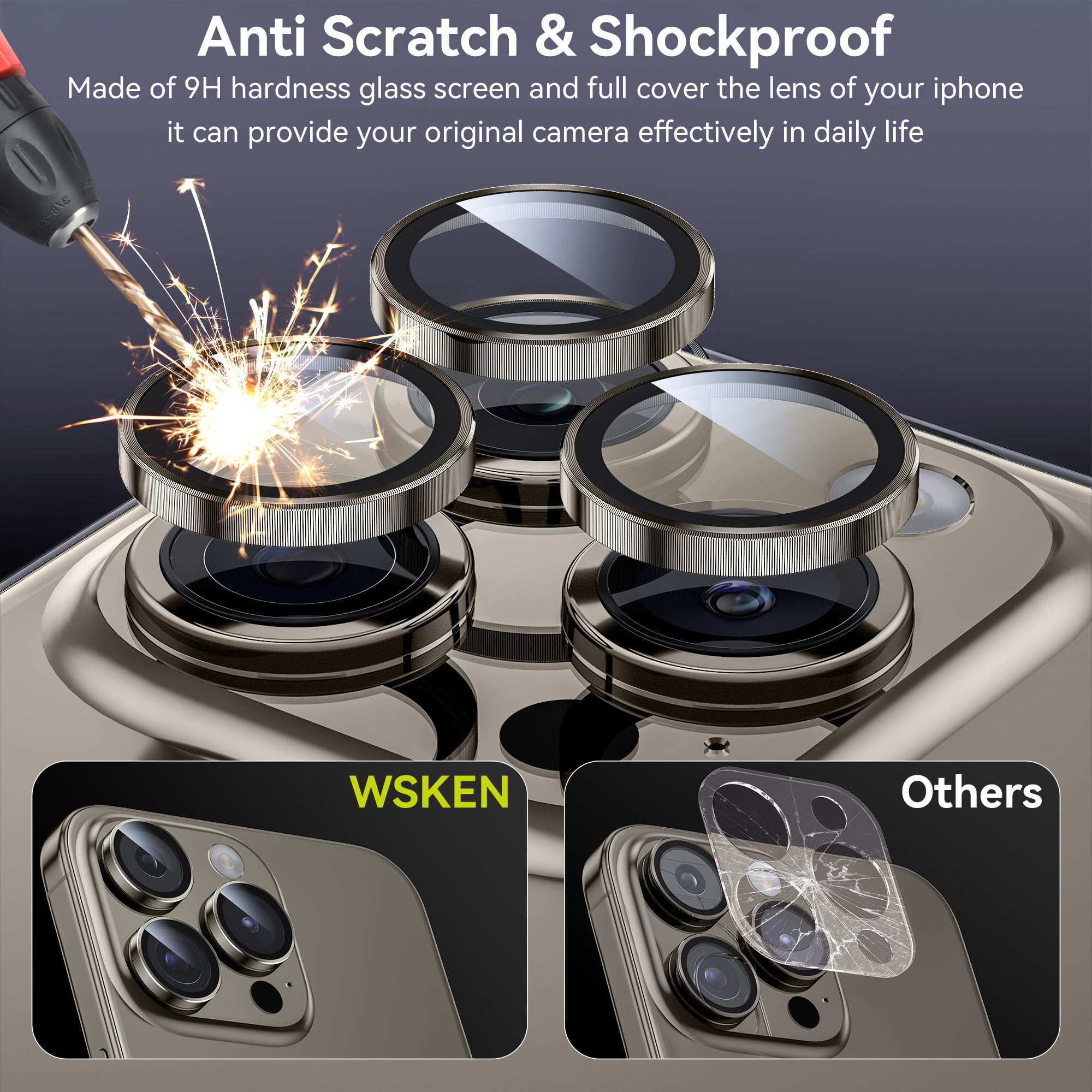 WSKEN for iPhone 15 Pro/iPhone 15 Pro Max Camera Lens Protector,[Keep Original Shooting] Shatterproof 9H Tempered Glass Camera Screen Protector Metal Ring Cover Film Accessories,Grey Titanium