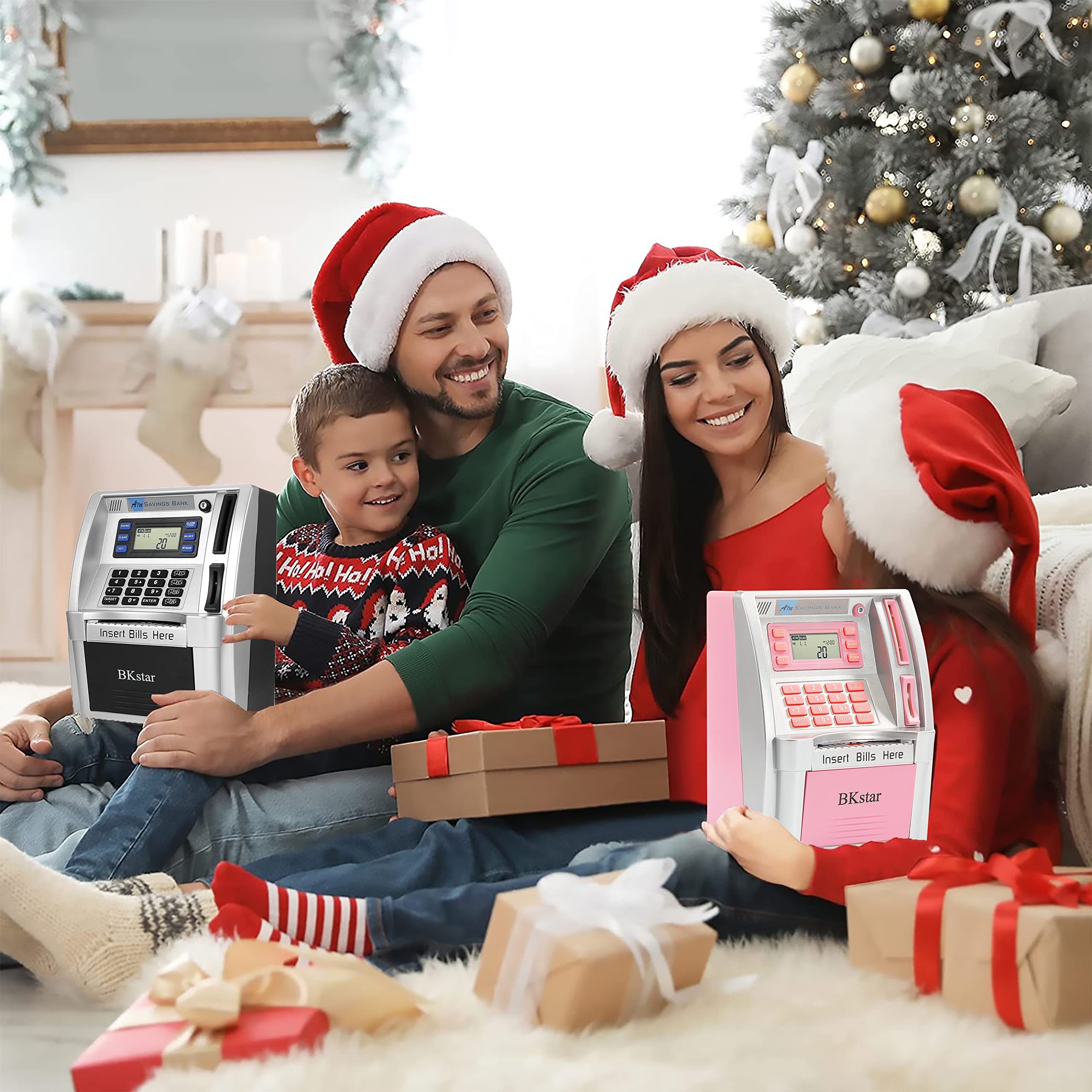 Mini Toy ATM Savings Bank, Pink Piggy Bank Machine for Real Money with Card, Bill Feeder, Coin Reader, Balance Calculator Safe Box for Kids Adults