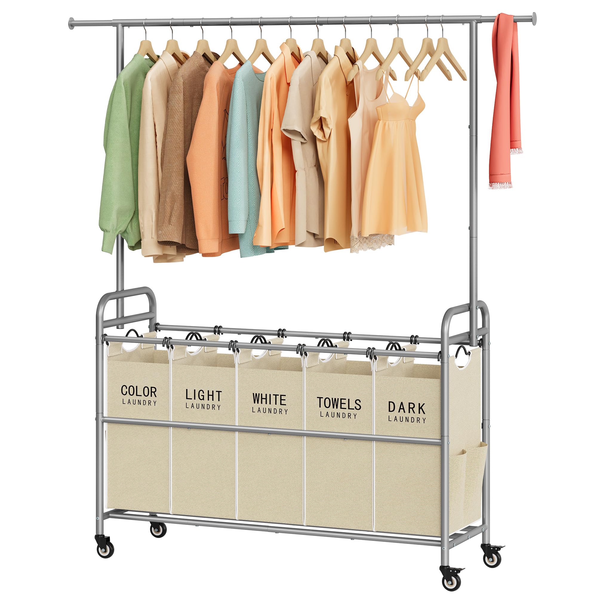 Photo 1 of Tajsoon Laundry Sorter with Hanging Bar, 5 Bag Laundry Sorter with Wheels, 246L (65 Gal.) Laundry Hamper with Adjustable Hanging Rack, Laundry Room Organization and Storage, Beige