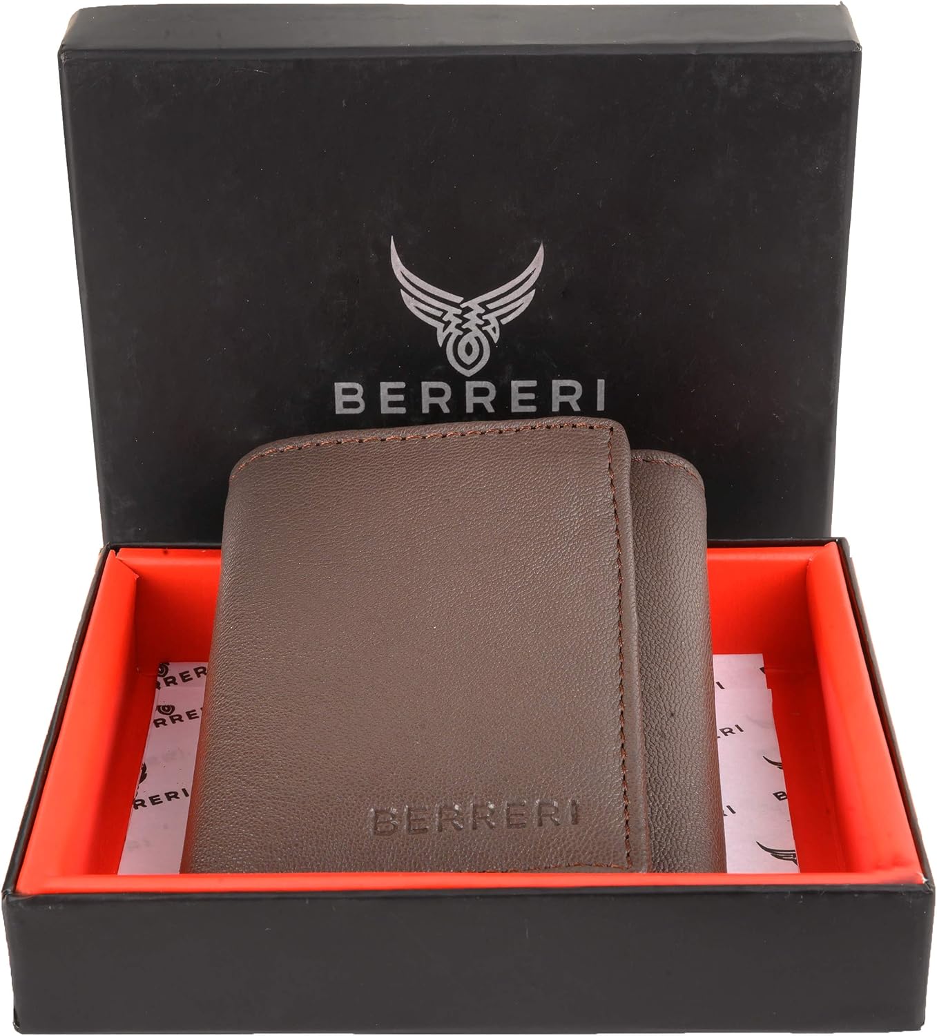 Berreri Mens Trifold Genuine Leather Wallet RFID Safe Credit Card Holder Purse Brown (Enclosed in Gift Box) - Image 3