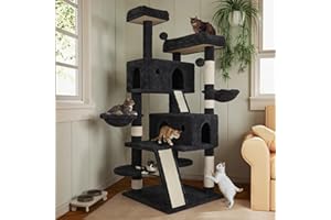 MUTICOR 66 Inches Multi-Level Large Cat Tree Tower for Indoor Big Feline/Cozy Plush Perches/Condo/Sisal Scratching Posts/Hammock and Baskets/Activity Center Play House/Wide Base/Dark Grey