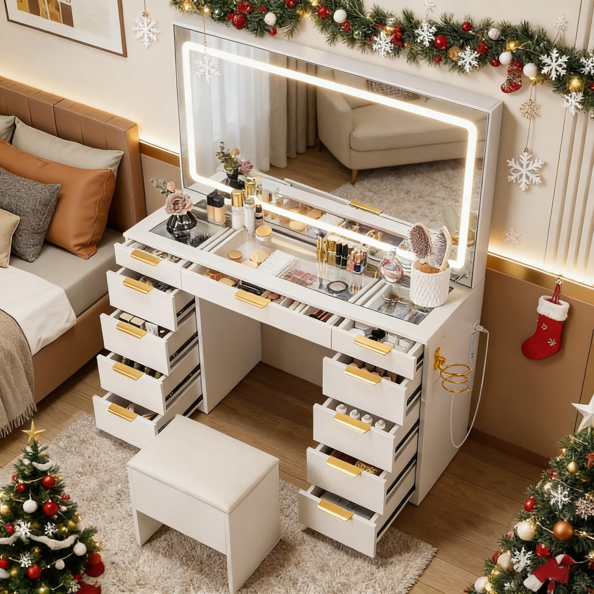 Photo 1 of *** BOX ONE ONLY ***Fkhouse Glass Top Makeup Vanity with LED Lighted Mirror, 11 Drawers Vanity Desk with Stool, Dressing Table with Power Outlet, Adjustable Lighting Modes, Golden Handles, White
