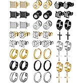 ONESING 21 Pairs Stainless Steel Earrings for Men Inlaid Cross Dangle Hinged Earrings Hoop CZ Stud Hypoallergenic Earrings Huggie Earrings Set for Women Men Ear Piercing Jewelry Black Steel Gold