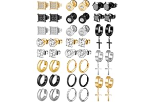 ONESING 21 Pairs Stainless Steel Earrings for Men Inlaid Cross Dangle Hinged Earrings Hoop CZ Stud Hypoallergenic Earrings Huggie Earrings Set for Women Men Ear Piercing Jewelry Black Steel Gold