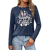 Women Easter Day Shirts: Bunny Printed Long Sleeve Pullover Cute Rabbit Shirt Tops Happy Easter Casual Spring Tops