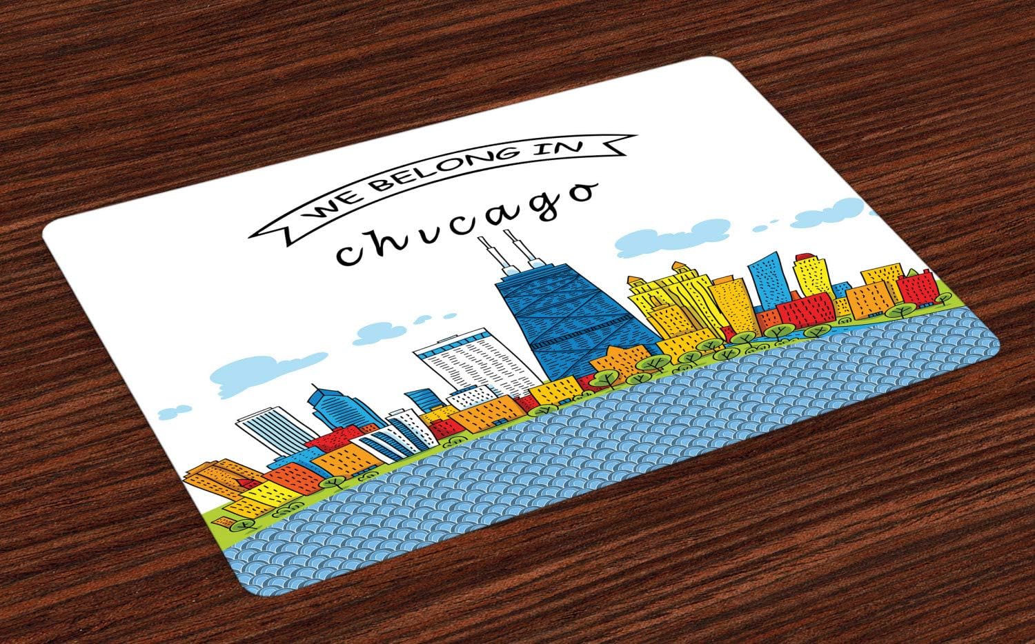 Ambesonne Landscape Place Mats Set of 4, Chicago Skyline Cartoon Colorful City View Cityscape Personalized USA American, Washable Fabric Placemats for Dining Table, Standard Size, White Blue