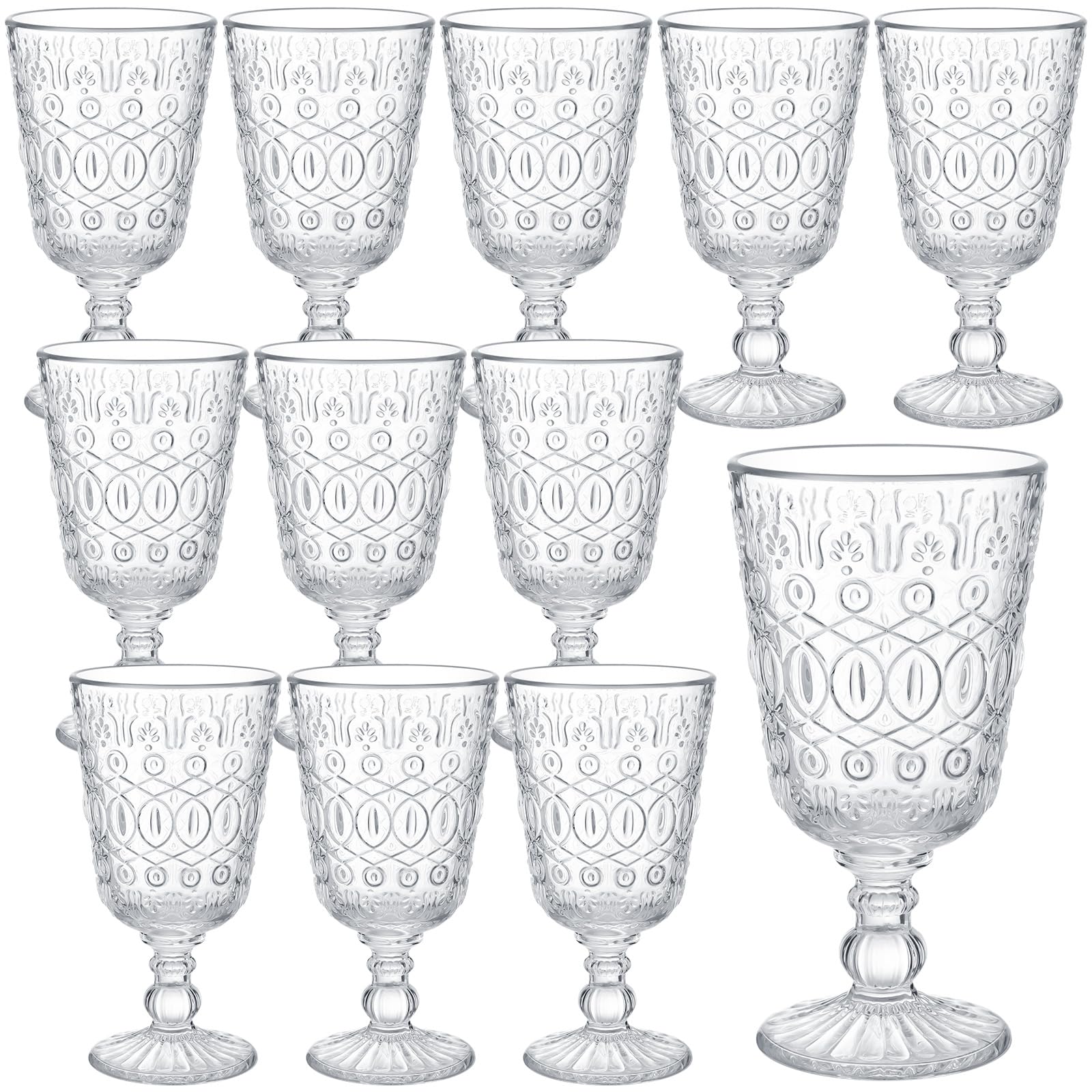 Photo 1 of Eaasty Wine Glasses Set of 12 Vintage Goblet 9 oz Vintage Colored Glass Goblet Beverage Stemmed Glass Cups Romantic Embossed Glassware for Wedding Party Holidays Anniversary (Clear)