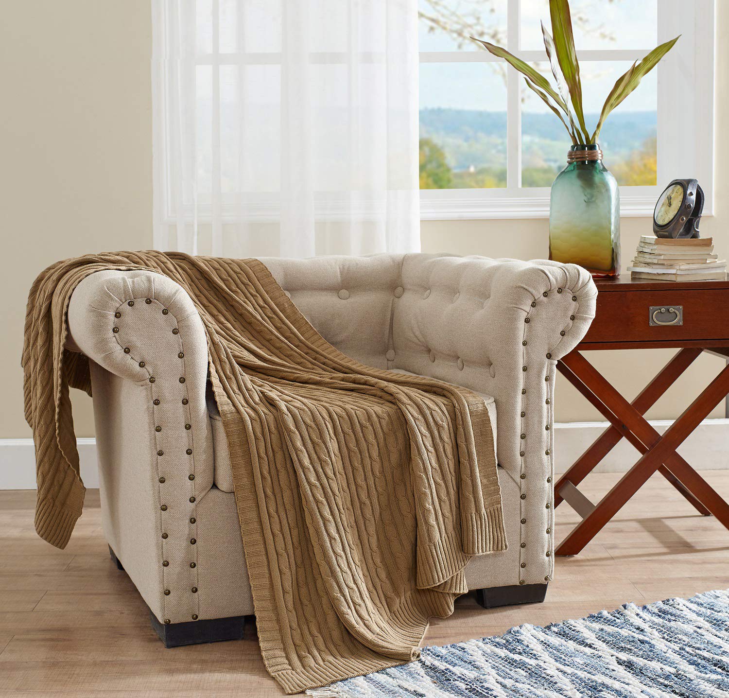 FBTS Basic Knitted Throw Blanket 51 x 67 Inch Brown Pure Cotton Cable Extra Soft for Couch Sofa Bed