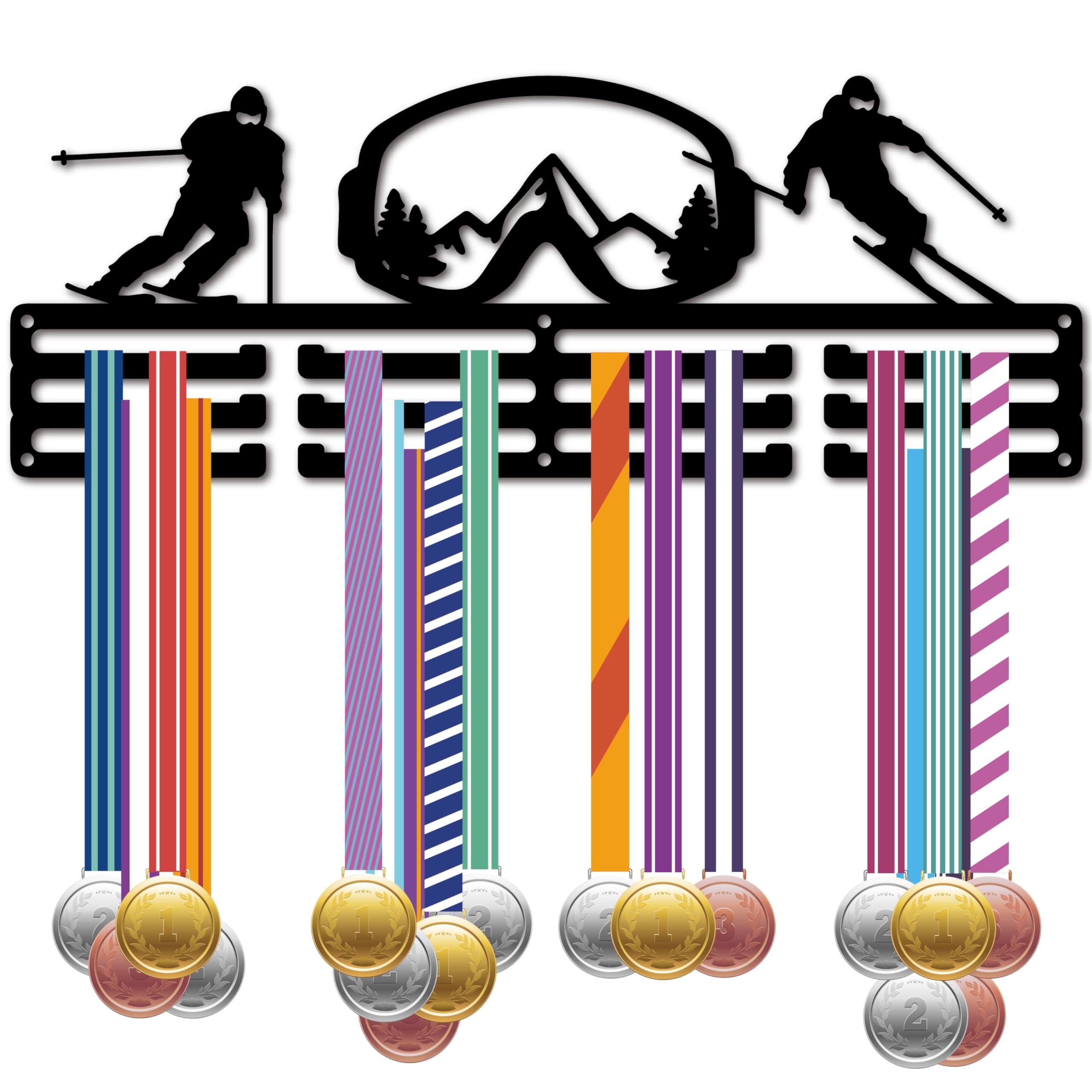 CREATCABIN Ski Medal Holder Display Medal Hanger Medal Wall Mount Frame Sports Medals Hanger Black Wall Decoration Medal Organizer Rack for Hanging 60 Medals Awards Running Football 15.7 x 5.9 Inch