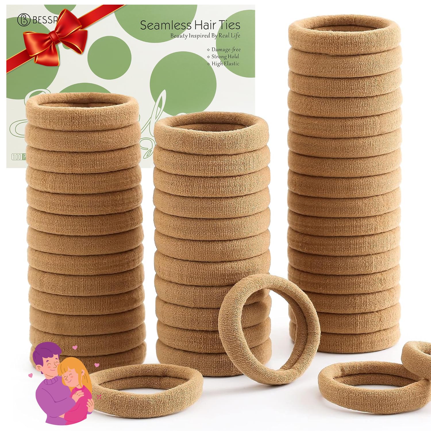 View 1 of 100 Pcs Thick Seamless Hair Ties, Ponytail Holders Hair Accessories No Damage for Thick Hair Christmas Gift(Light Brown Colors)
