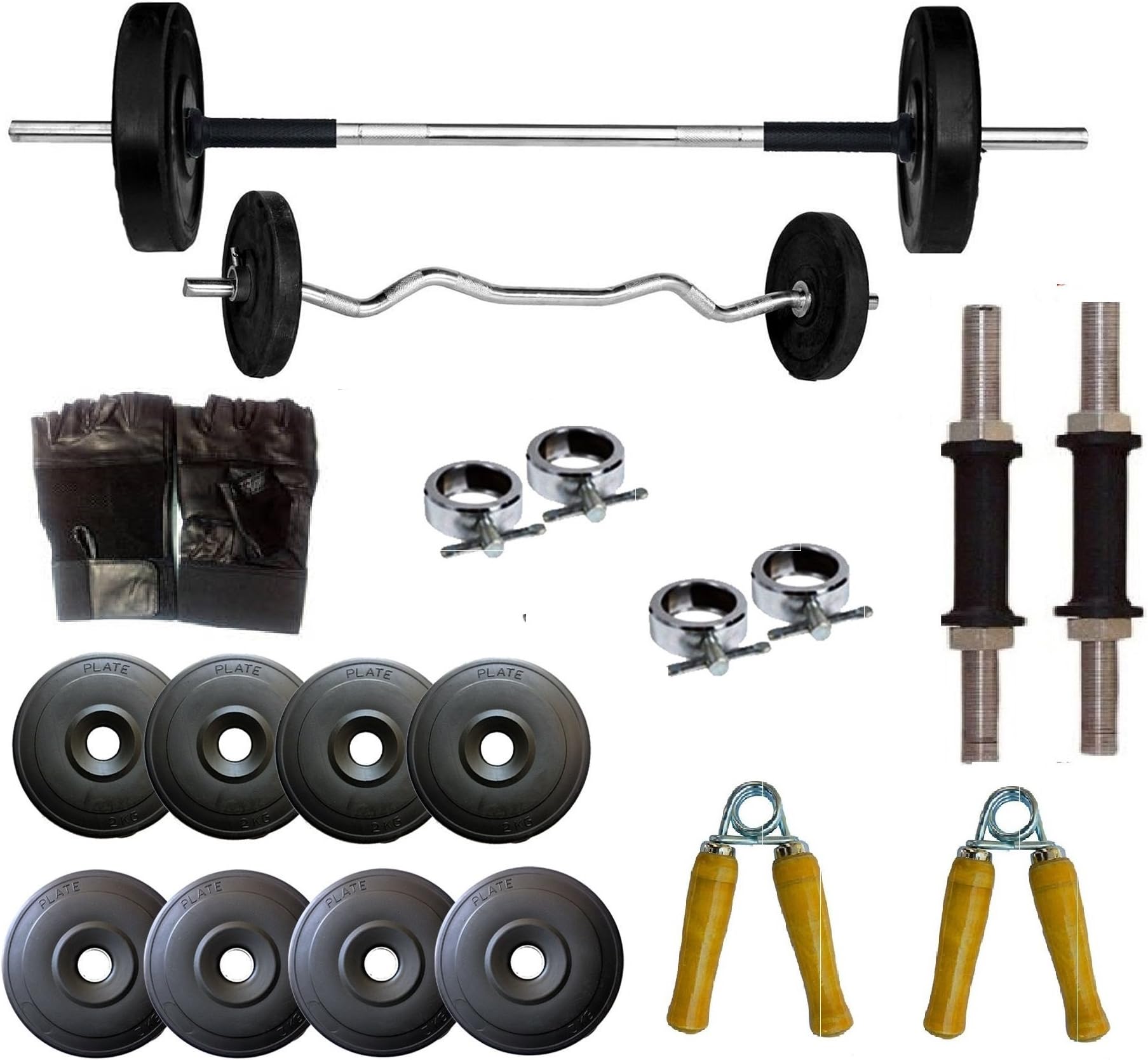 Gymster Super Quality 10Kg Home Gym Set With 3Ft Curl+3Ft Plain Rod+Dumbbells Rod+Hand Grippper+ Hand Gloves