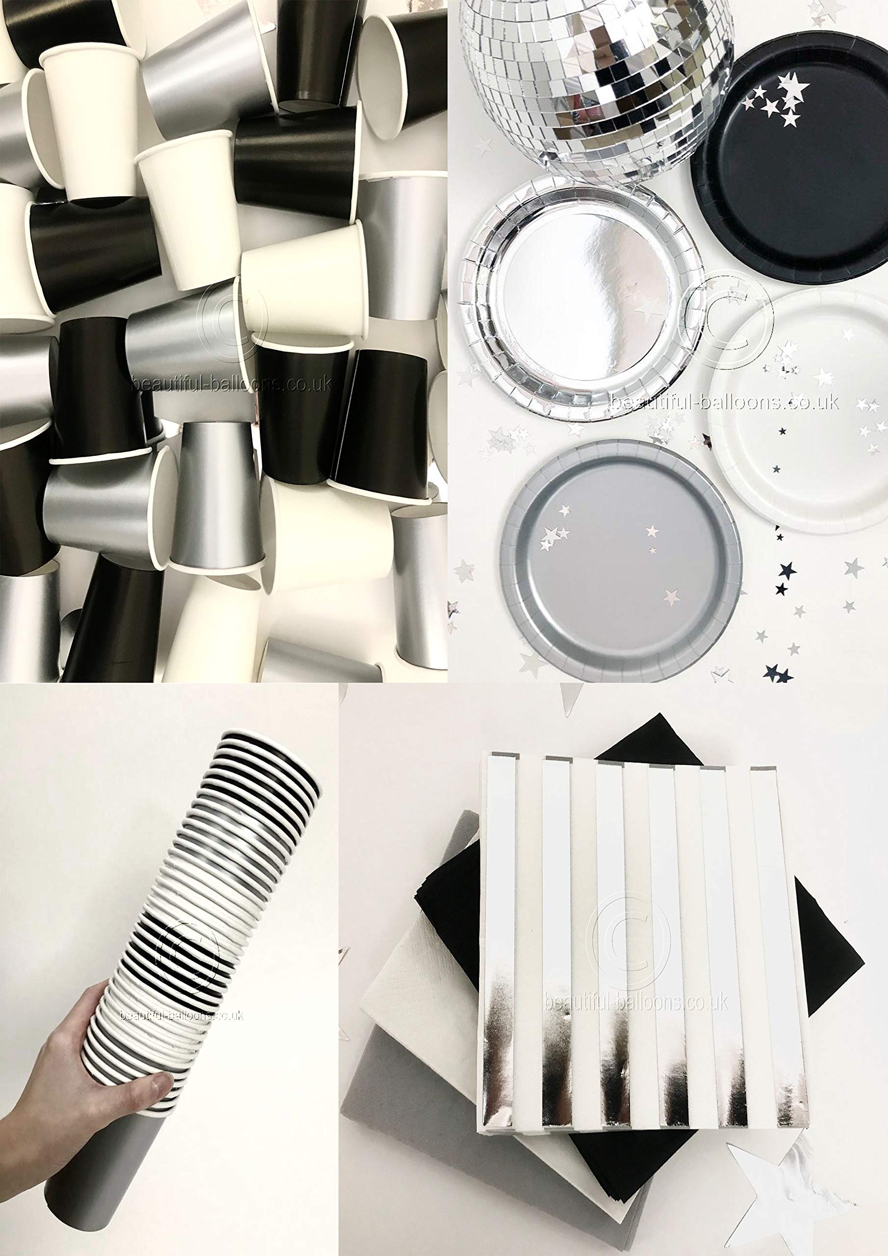 Beautiful Balloons Black, Silver & White Stylish and Chic Party Kit - Cups, Napkins and Plates! Complete Kit
