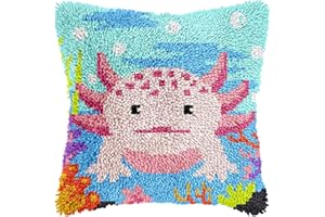 LUDOTEK Colorful Axolotl Latch Hook Kits for Adults Kids Beginners Cute Animals Latch Hook Pillow Kit Pre-Printed Latch Hook Rug Kits Cross-Stitch Embroidery Cushion for Home Sofa Decoration 17x17 in.