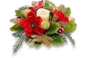 YULETIME 18" Centerpiece with Flameless LED Candle Holder, Design with Red Artificial Magnolia, Gold Baubles & Spruce Branches for Holiday Decor (Red)