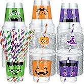 Jingmore 60 Set 12 oz Halloween Plastic Cups Disposable Clear Cups with Lids Paper Straws and Straw Cover for Halloween Party Supply Beer Beverage Snack Coffee Drink Ice Cream