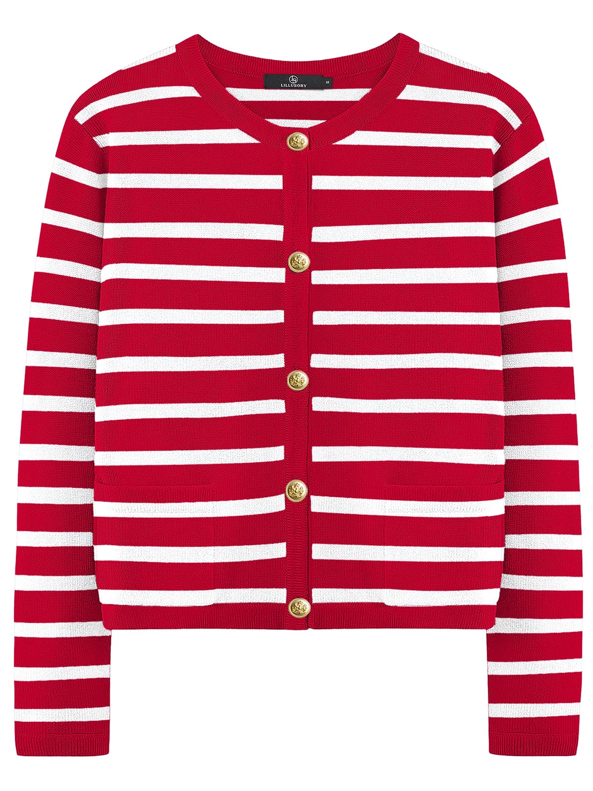 LILLUSORY Women's Striped Cardigan Sweaters Fall Outfits Clothes Fashion Trendy Long Sleeve Tops Casual Knit Lady Jackets Red White M Image