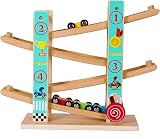 TOWO Pure Wooden Zig Zag Car Ramp 4 Cars Playset - Beech Wood Racing Toy