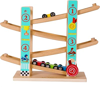 TOWO Pure Wooden Zig Zag Car Ramp 4 Cars Playset - Beech Wood Racing Toy