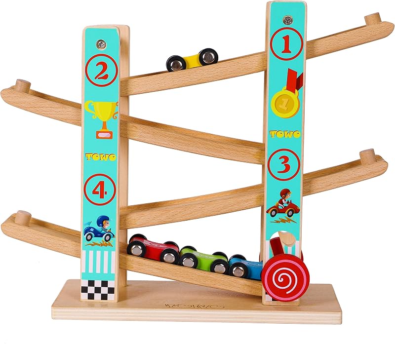 TOWO Pure Wooden Zig Zag Car Ramp 4 Cars Playset - Beech Wood Racing Toy