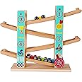 TOWO Pure Wooden Car Ramp - Zig Zag Car Slide Run with 4 Wooden Cars Playsets-Click Clack Track Toys for Toddlers -Racing Car Toys for Kids Boys Girls 2 3 4