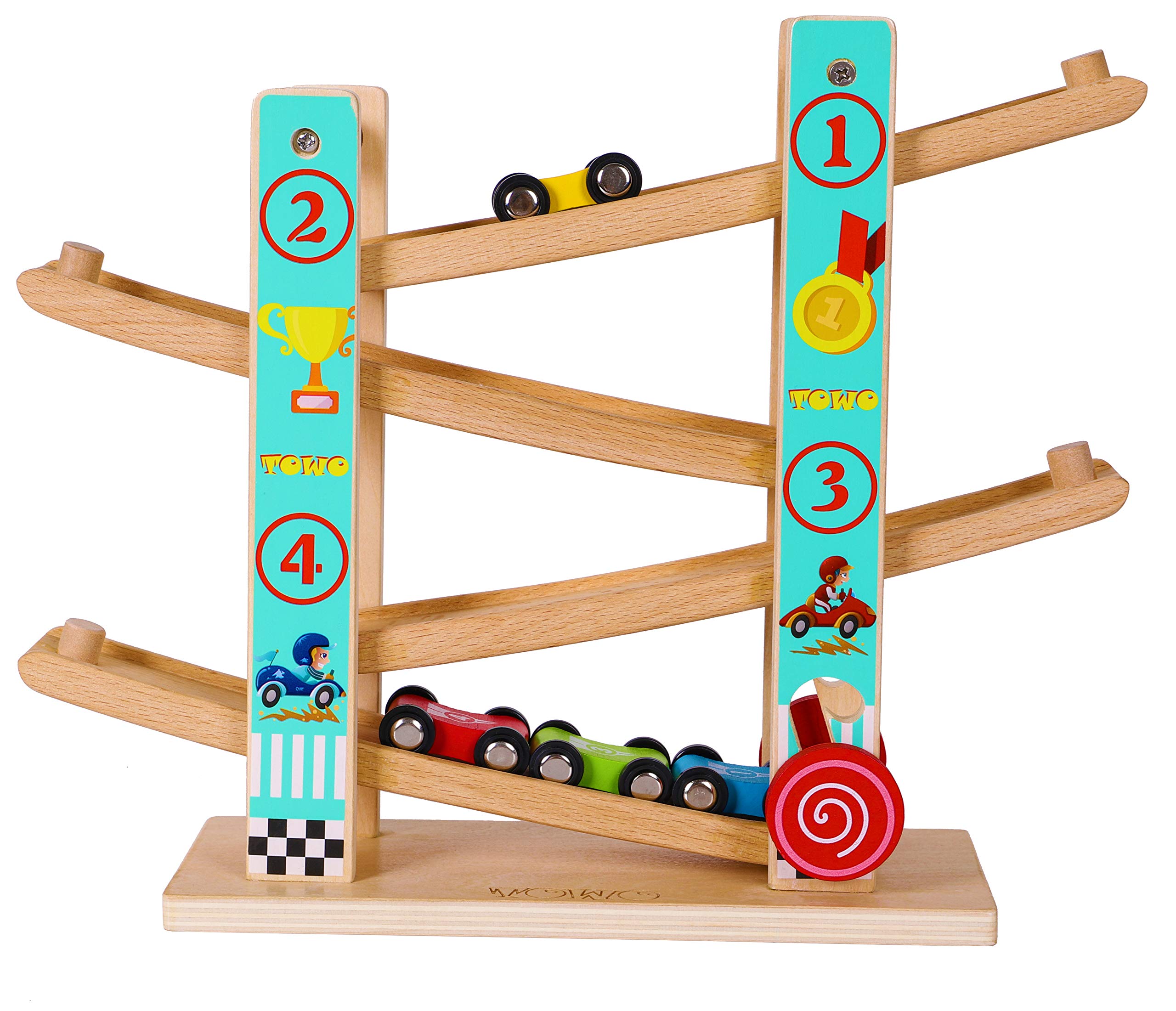 Photo 1 of TOWO Pure Wooden Car Ramp - Zig Zag Car Slide Run with 4 Wooden Cars Playsets-Click Clack Track Toys for Toddlers -Racing Car Toys for Kids Boys Girls 2 3 4