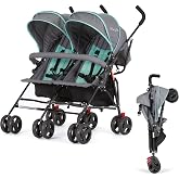 Dream On Me Volgo Side-by-Side Twin Umbrella Toddler Stroller, Blue/D Grey | 5 Point Safety Harness, Smooth Swivel Wheels, Lightweight, Adjustable Double Canopy, Storage Basket, 40 Lb Limit