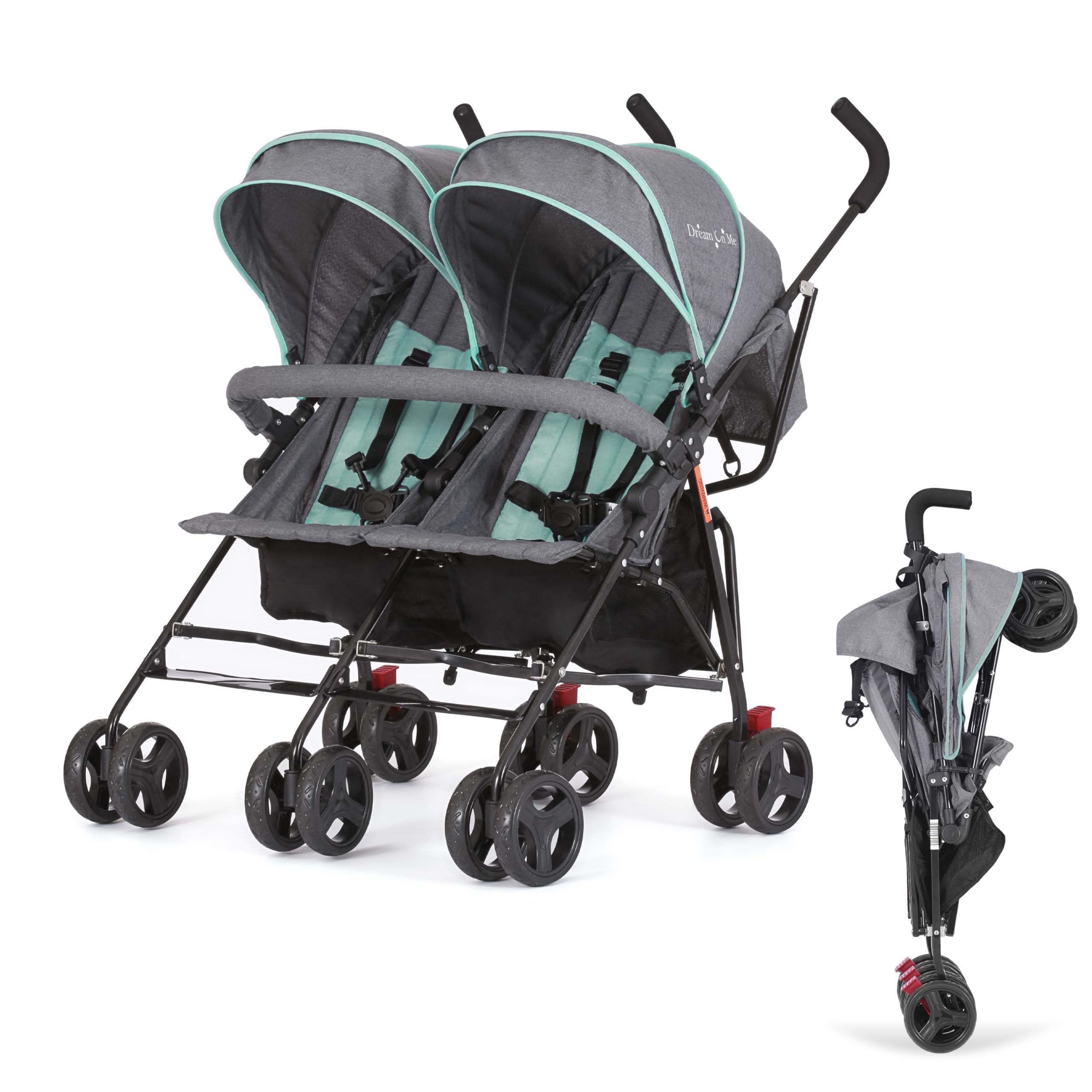 Photo 1 of ****USED , MISSING PARTS. FUNTIONAL UNTESTED **Dream On Me Volgo Twin Umbrella Stroller in Mint, Lightweight Double Stroller for Infant & Toddler, Compact Easy Fold, Large Storage Basket, Large and Adjustable Canopy