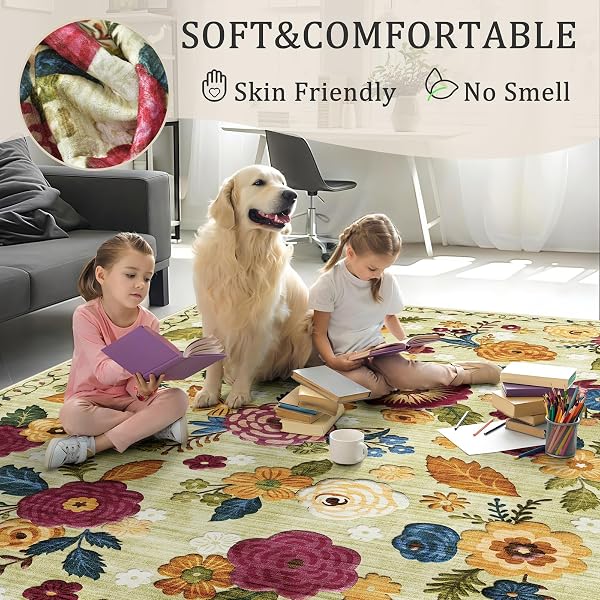 2X6 MACHINE WASHABLE RUNNER RUG, KITCHEN HALLWAY AREA RUG GREEN VINTAGE BOHO FLORAL ULTRA NON-SLIP LOW PILE SOFT FAUX WOOL CARPET, KIDS AND PETS FRIENDLY FOR BEDROOM ENTRYWAY NURSERY HOME DECOR RUG