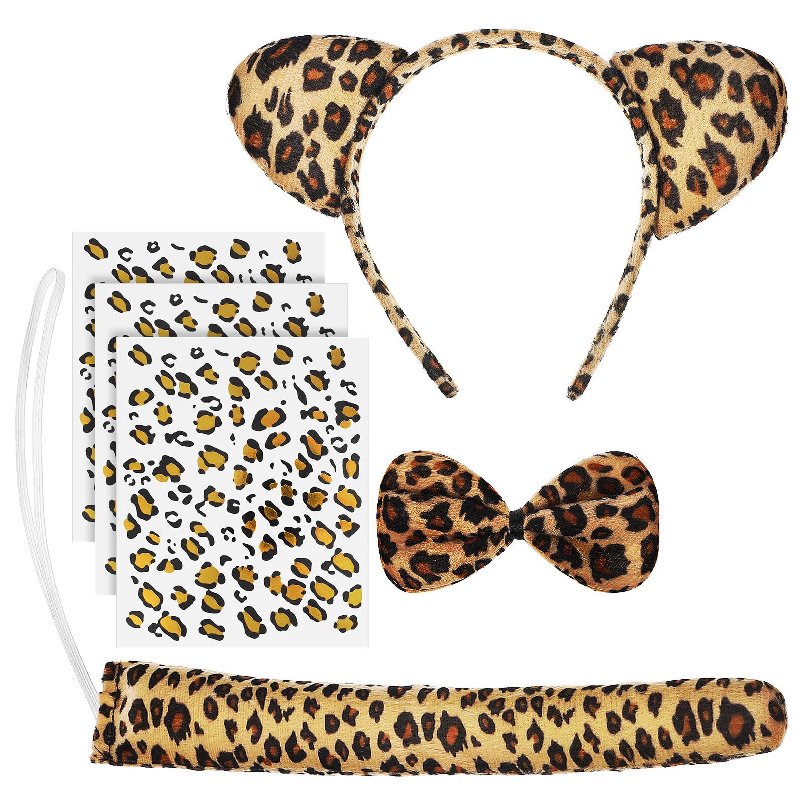 ABOOFAN Leopard Costume Set with Ears Headband Bow Tie Tail and 3 Sheets Leopard Print Temporary Tattoo for Kids Adult Halloween Cosplay Carnival Party Decoration