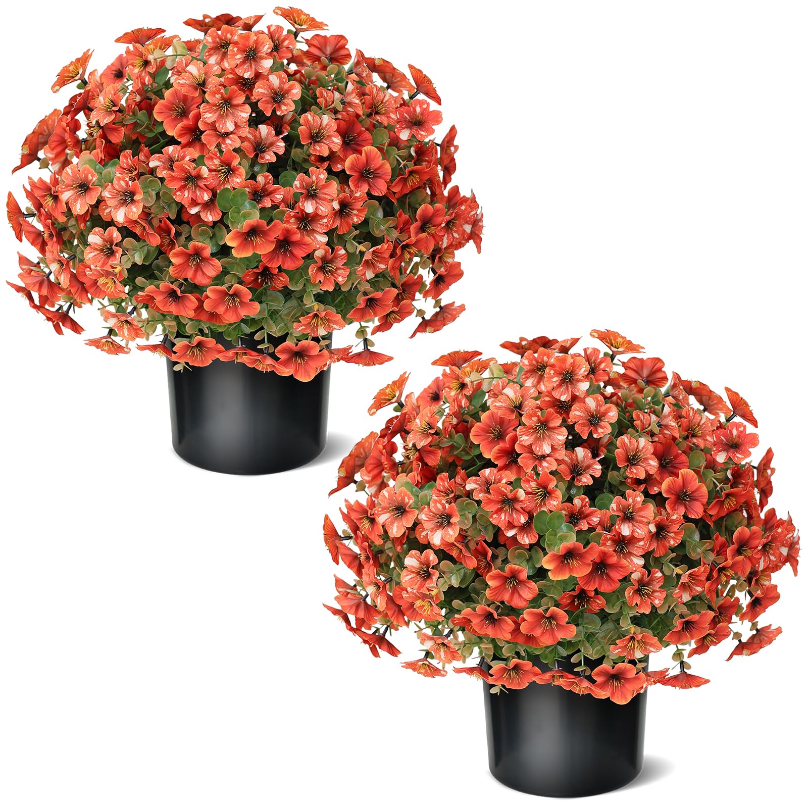 Photo 1 of 17" Artificial Flowers Topiary - 2 Set for Outdoor Fall Decoration,Faux Petunia with Fake Eucalyptus Potted Plants for Outside Front Door Garden Farmhouse Home Thanksgiving Autumn Decor (Orange)