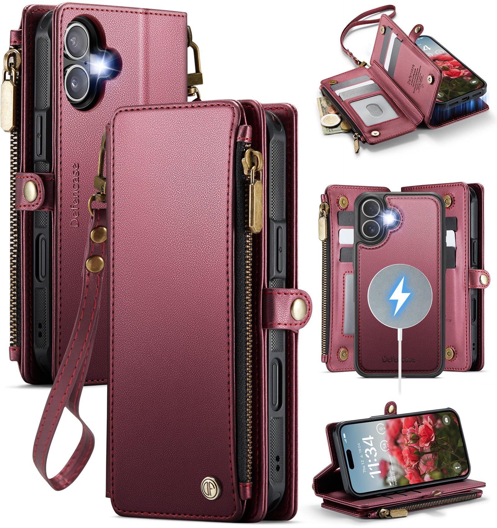 Photo 1 of Defencase for iPhone 16 Magnetic Wallet Case Compatible with Magsafe with RFID Blocking Zipper Pocket & Card Holder for Women Men PU Leather Strap Detachable Case for iPhone 16 (6.1 inch), Wine Red