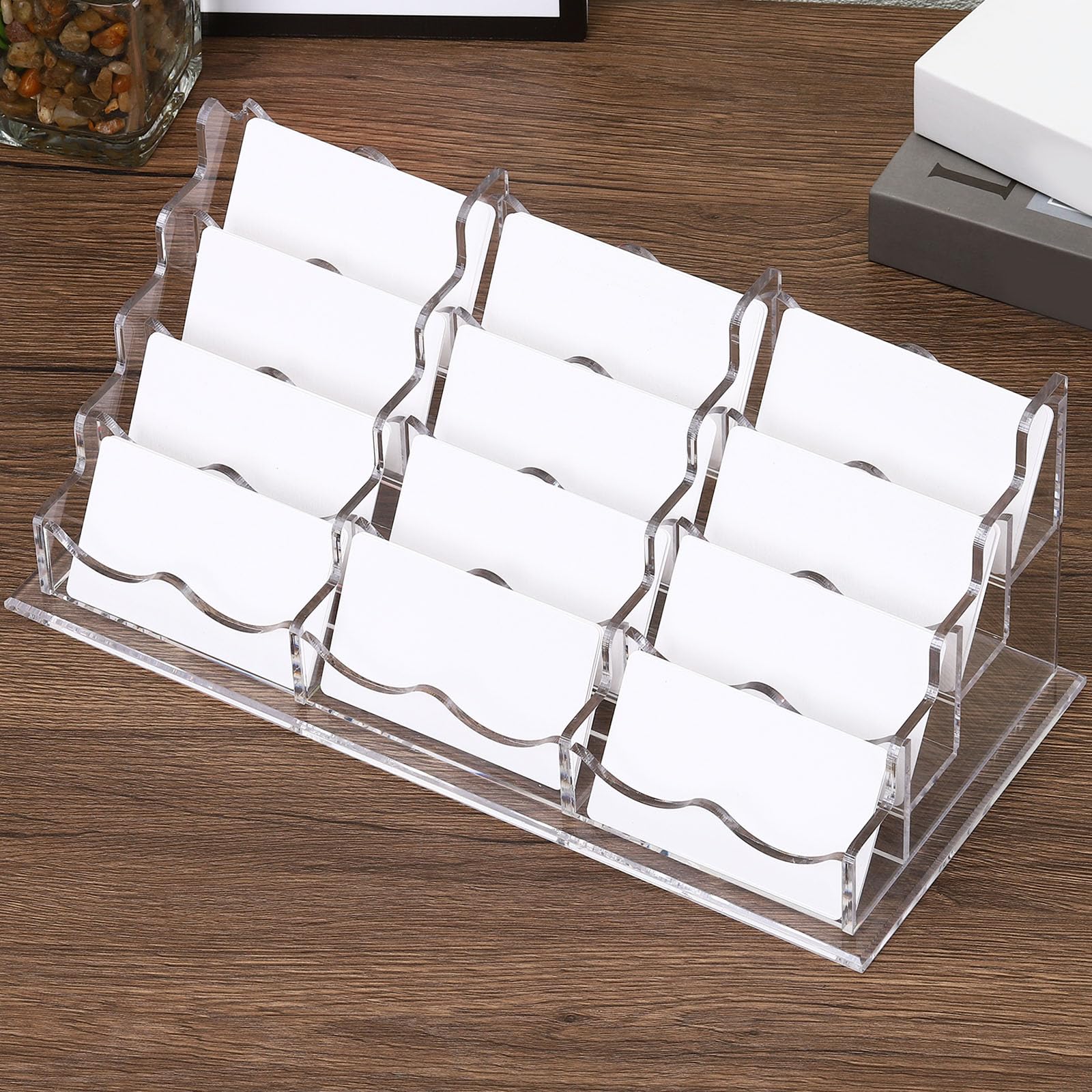 PATIKIL Business Card Holder for Desk, 4 Tiers 12 Slots Business Card Holders Clear Acrylic Card Stand Organizer Cards Display for Office Exhibition