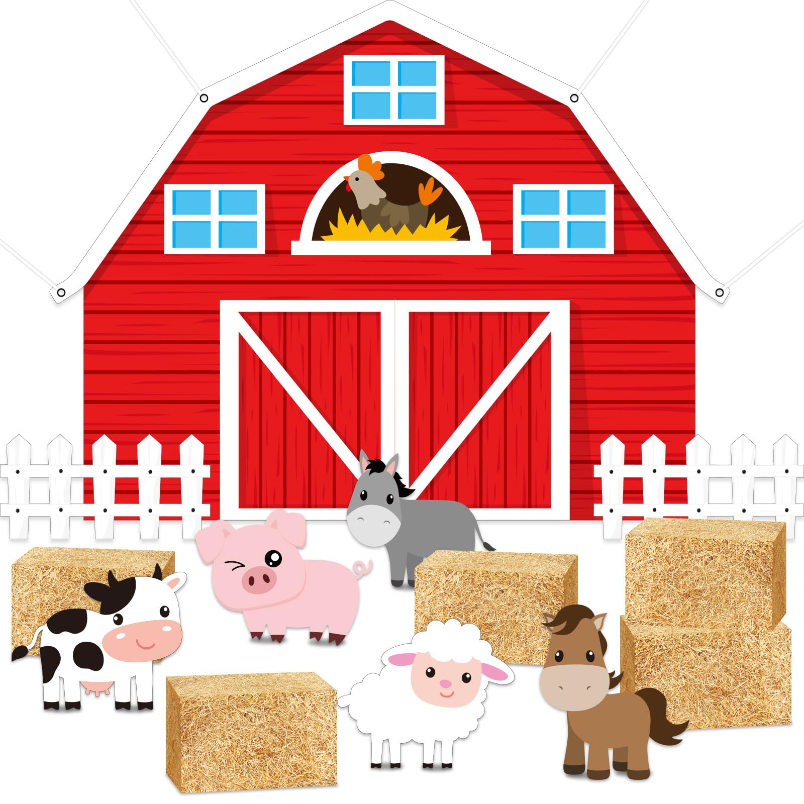 Photo 1 of 13PCS Farm Animal Theme Party Decorations Farm Backdrop Farmhouse Banner Hay Bale Box Animal Cardboard for Photography Theme Birthday Baby Shower Party Supplies Photo Booth Props Photo Backdrop