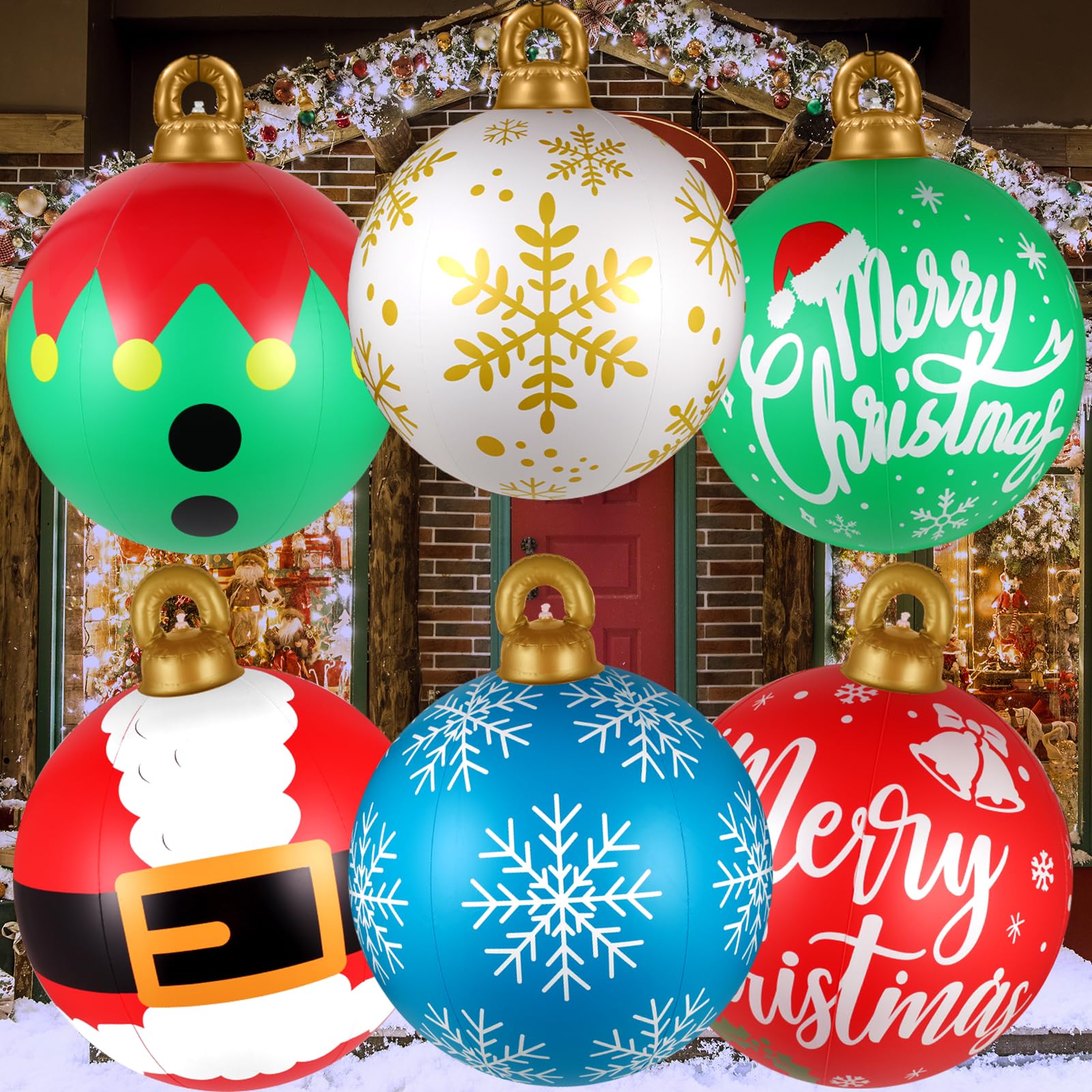 Photo 1 of 6 Pcs 24 Inch Inflatable Ornaments Balls Outdoor, Giant Inflatable Ornaments, Reusable Blow Up Christmas Ornaments, PVC Inflatable Christmas Balls Decorations for Yard | Tree | Lawn | Pool