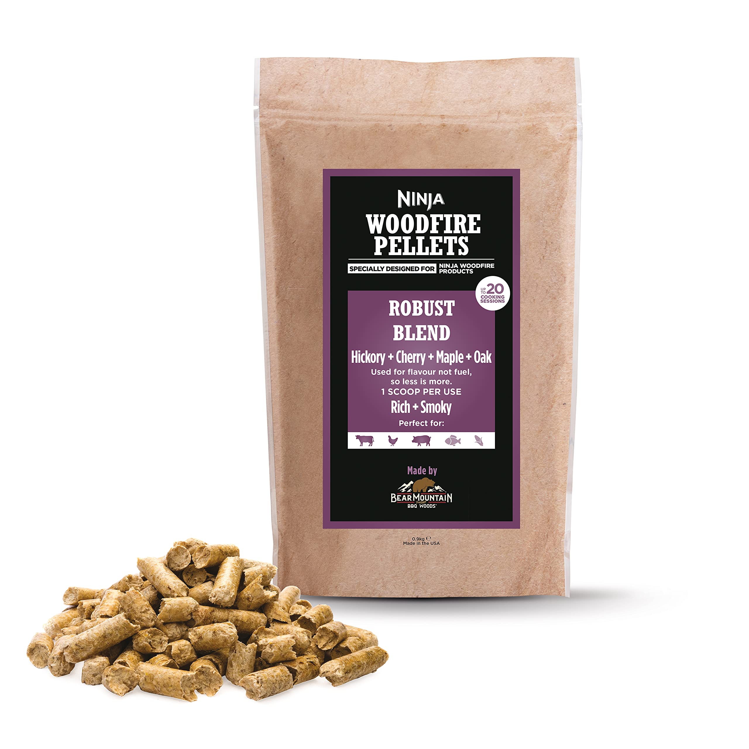Ninja Woodfire Pellets, Robust Blend, 900g Bag, Up to 20 Cooking Sessions, Hardwood Pellets, Only for use with Ninja Woodfire range, XSKOGRBLPL2UK