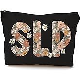 BILLAION Boho Floral SLP Makeup Bag, SLP Speech Language Pathologist Gifts Cosmetic Bags, Speech Therapy Therapist Gifts Makeup Zipper Pouch
