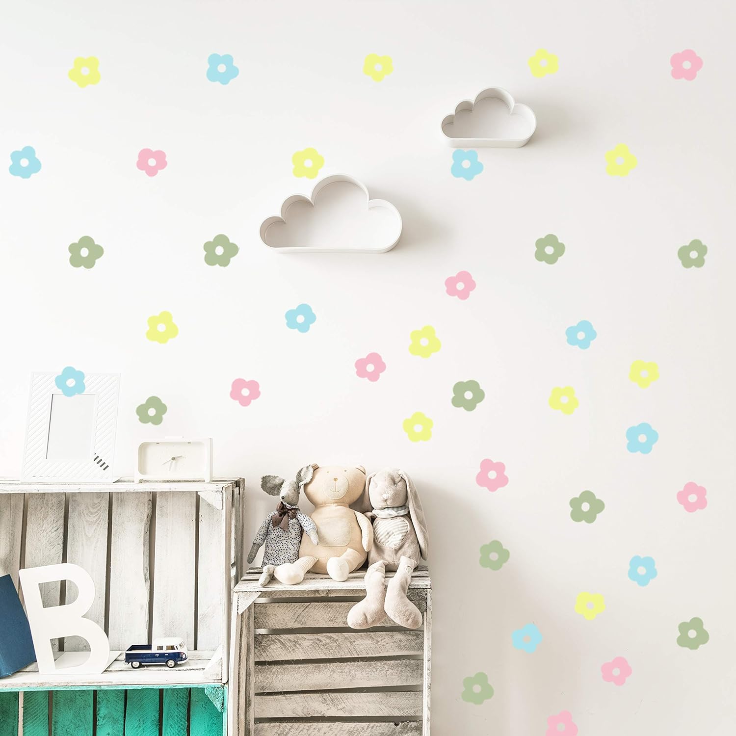 Vieli_arte Multicolor Flowers Wall Vinyl Decal décor Nursery. Adhesive Original Artist Design Love Flower Yellow, Pink, Green, Light Blue Stickers for Kids. Baby Nordic Flores Bedroom Decoration